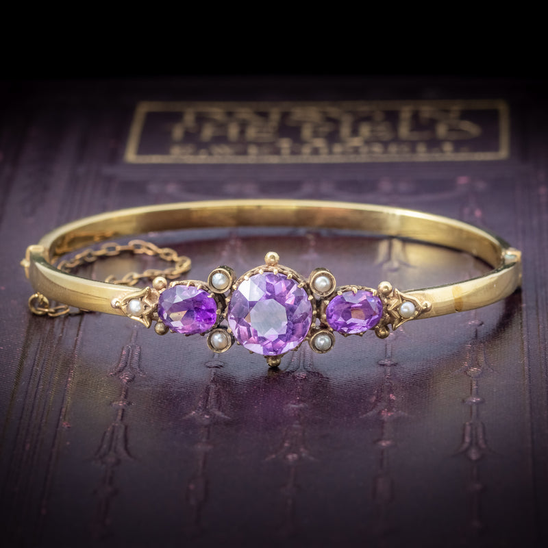 Antique Victorian Amethyst Pearl Bangle 9ct Gold Circa 1900 cover