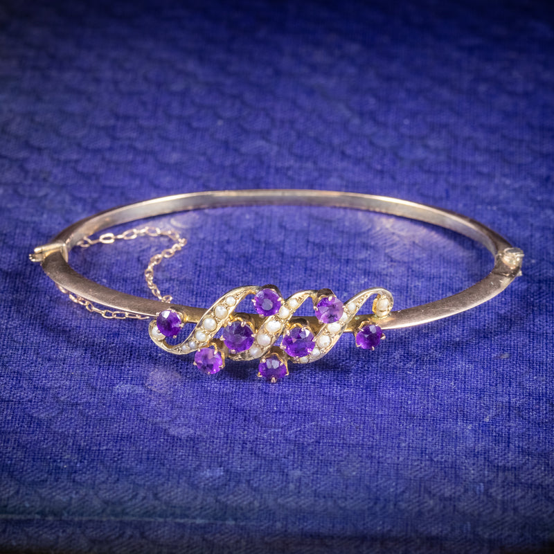 Antique Victorian Amethyst Pearl Bangle 9ct Gold Circa 1900 COVER