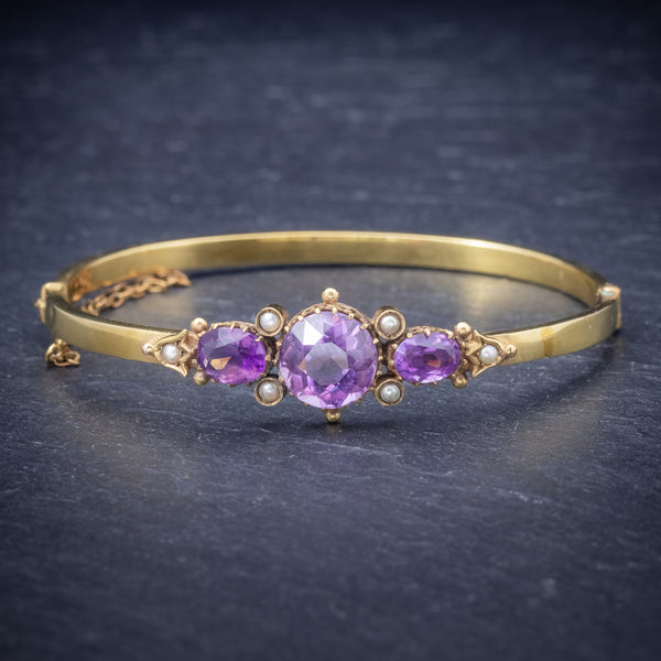 Antique Victorian Amethyst Pearl Bangle 9ct Gold Circa 1900 front