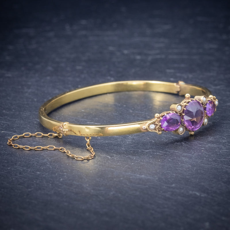 Antique Victorian Amethyst Pearl Bangle 9ct Gold Circa 1900 side