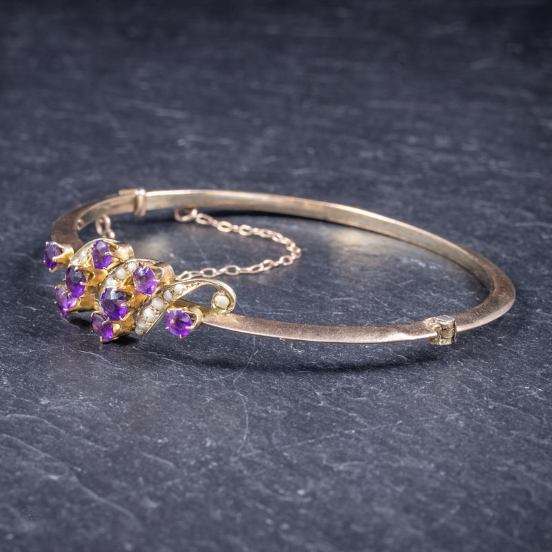 Antique Victorian Amethyst Pearl Bangle 9ct Gold Circa 1900 SIDE