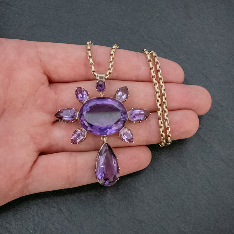 ANTIQUE VICTORIAN AMETHYST PENDANT NECKLACE 15CT GOLD CHAIN CIRCA 1900 HAND