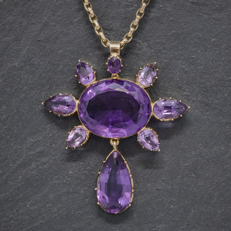 ANTIQUE VICTORIAN AMETHYST PENDANT NECKLACE 15CT GOLD CHAIN CIRCA 1900 FRONT