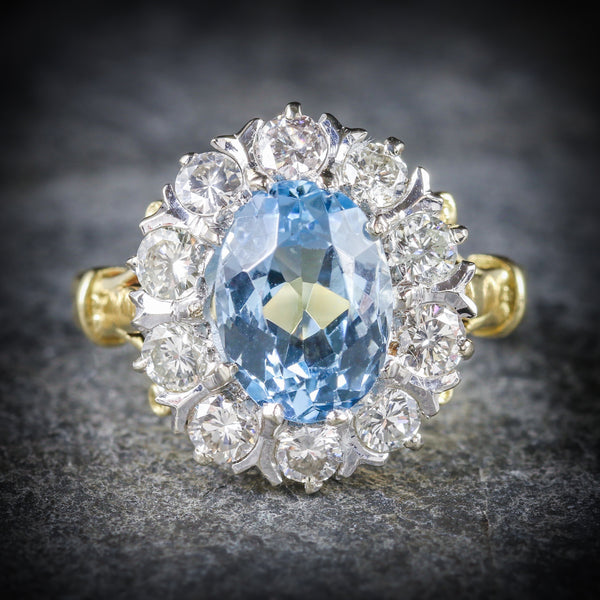 ANTIQUE VICTORIAN AQUAMARINE CLUSTER RING DIAMOND 18CT GOLD CIRCA 1900 FRONT