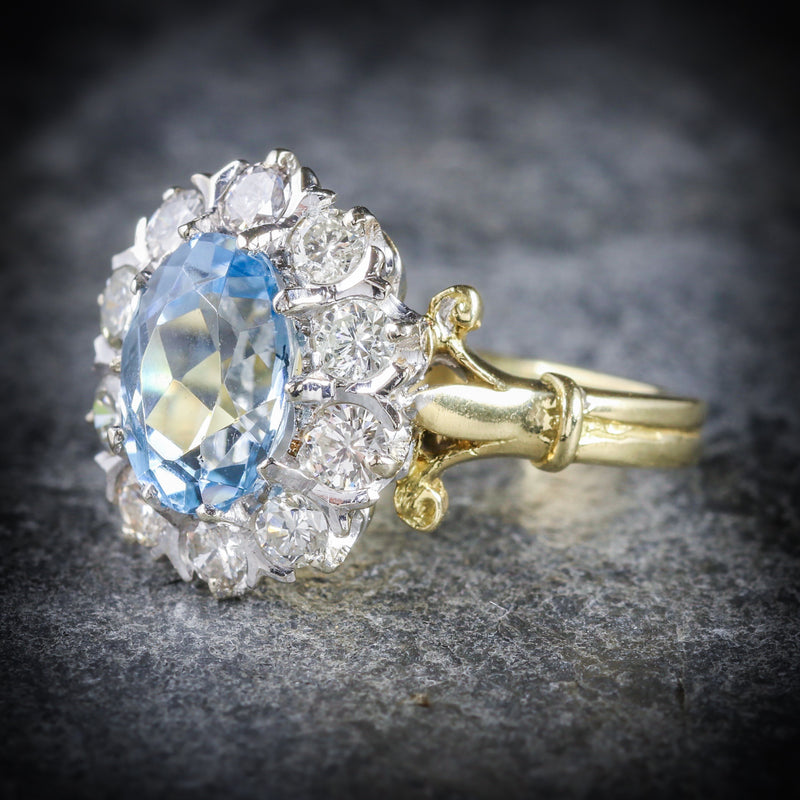 ANTIQUE VICTORIAN AQUAMARINE CLUSTER RING DIAMOND 18CT GOLD CIRCA 1900 SIDE