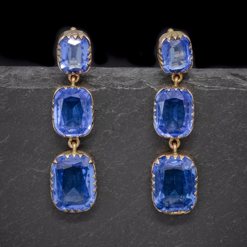 ANTIQUE VICTORIAN BLUE PASTE EARRINGS 9CT GOLD CIRCA 1900 FRONT