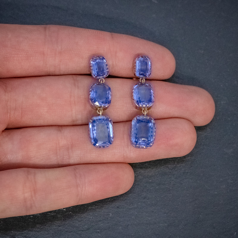 ANTIQUE VICTORIAN BLUE PASTE EARRINGS 9CT GOLD CIRCA 1900 HAND
