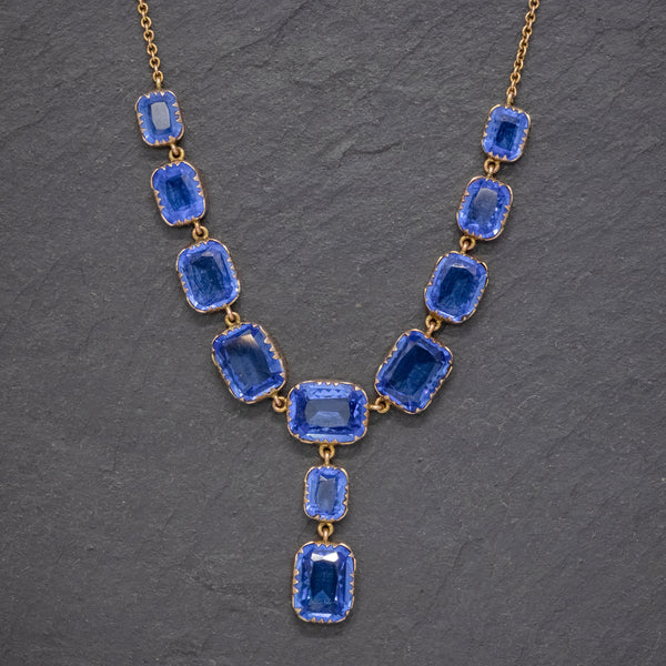 ANTIQUE VICTORIAN BLUE PASTE LAVALIERE NECKLACE 9CT GOLD CIRCA 1900 FRONT