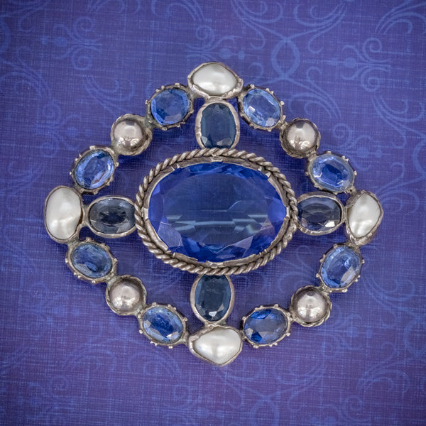 Antique Victorian Bristol Blue Paste Pearl Brooch Silver Circa 1900 COVER