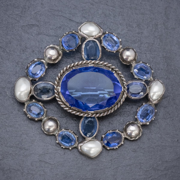 Antique Victorian Bristol Blue Paste Pearl Brooch Silver Circa 1900 FRONT