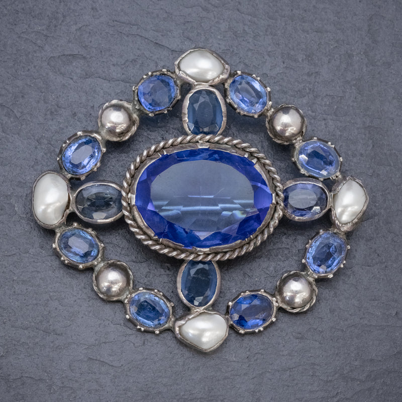 Antique Victorian Bristol Blue Paste Pearl Brooch Silver Circa 1900 FRONT