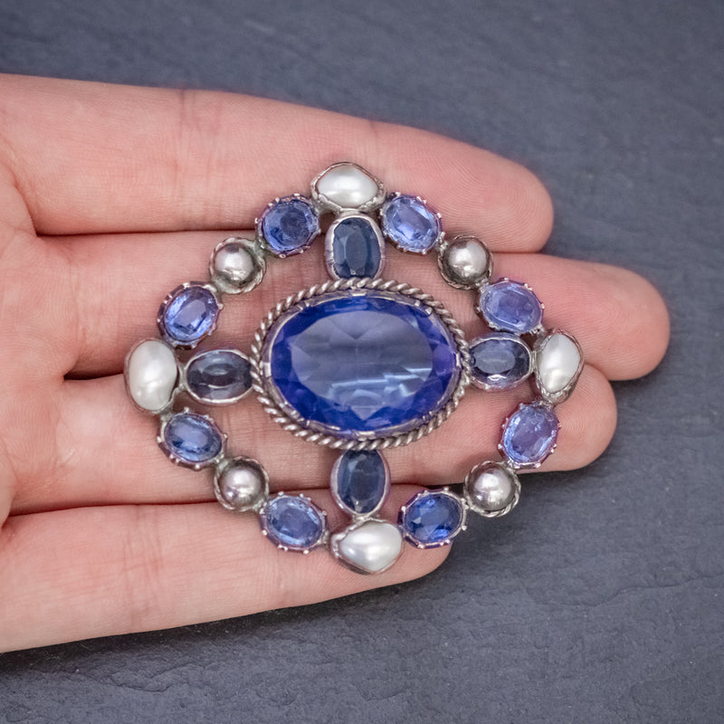 Antique Victorian Bristol Blue Paste Pearl Brooch Silver Circa 1900 HAND