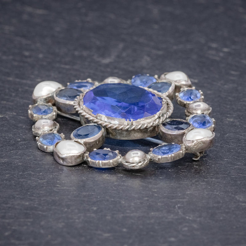 Antique Victorian Bristol Blue Paste Pearl Brooch Silver Circa 1900 SIDE