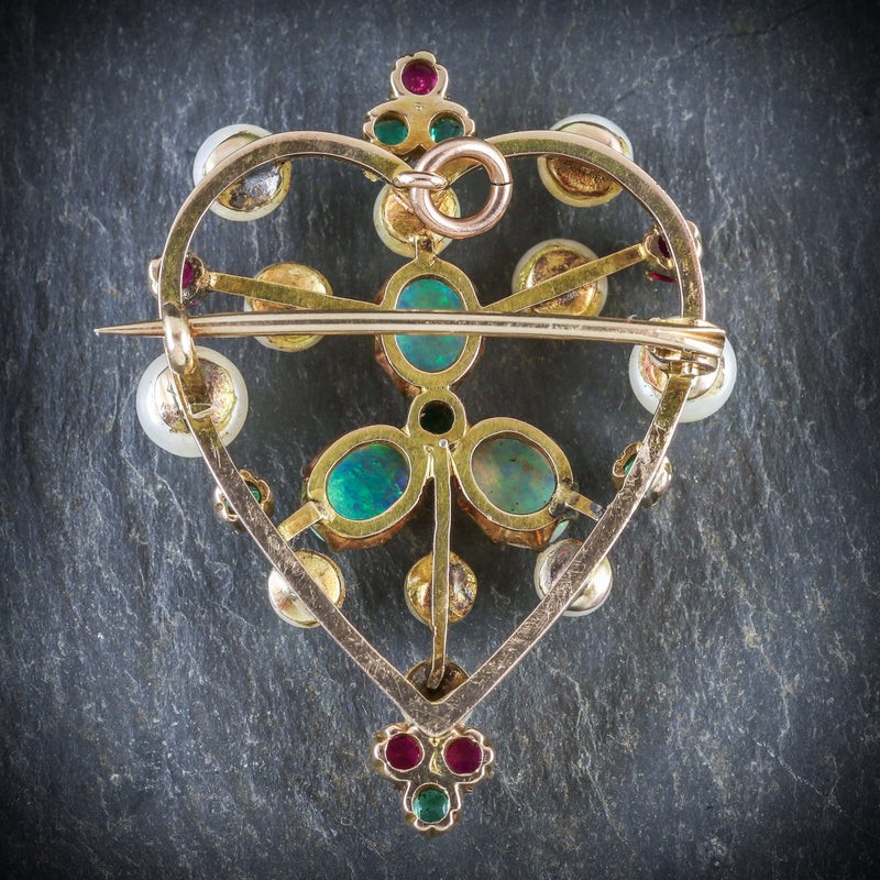  ANTIQUE VICTORIAN BROOCH EMERALD RUBY PEARL OPAL 18CT GOLD CIRCA 1900 BACK