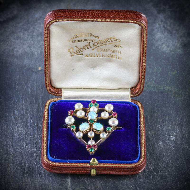  ANTIQUE VICTORIAN BROOCH EMERALD RUBY PEARL OPAL 18CT GOLD CIRCA 1900 BOX OPEN