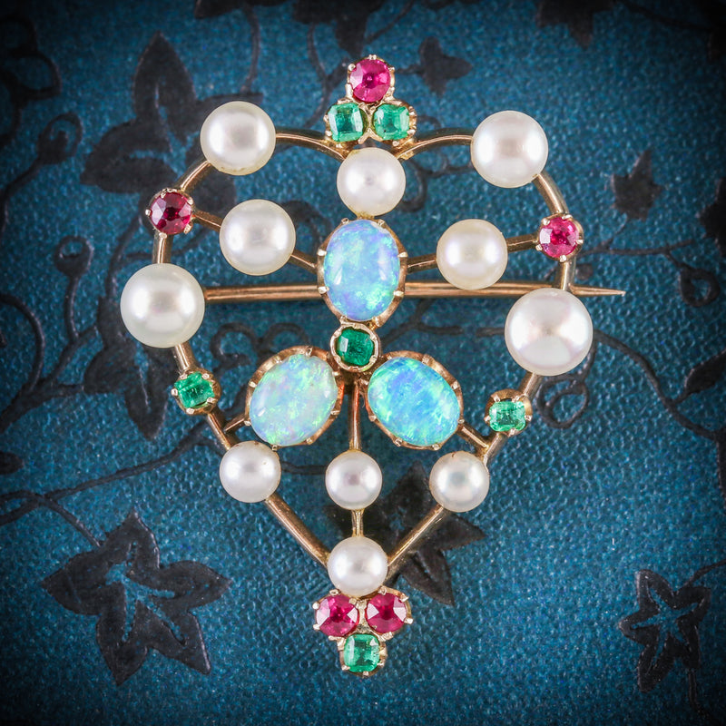  ANTIQUE VICTORIAN BROOCH EMERALD RUBY PEARL OPAL 18CT GOLD CIRCA 1900 COVER