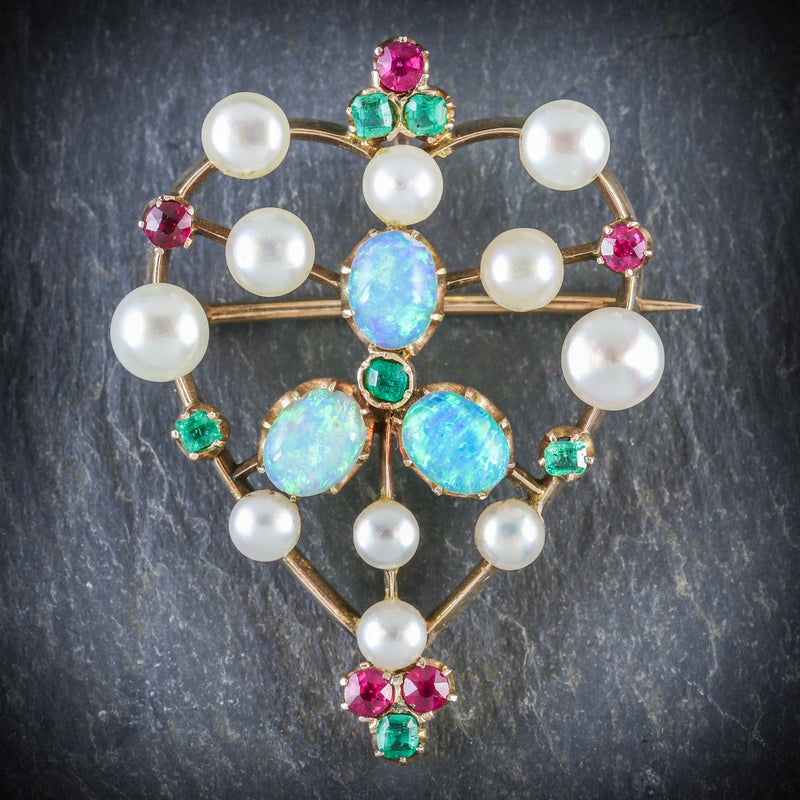  ANTIQUE VICTORIAN BROOCH EMERALD RUBY PEARL OPAL 18CT GOLD CIRCA 1900 FRONT