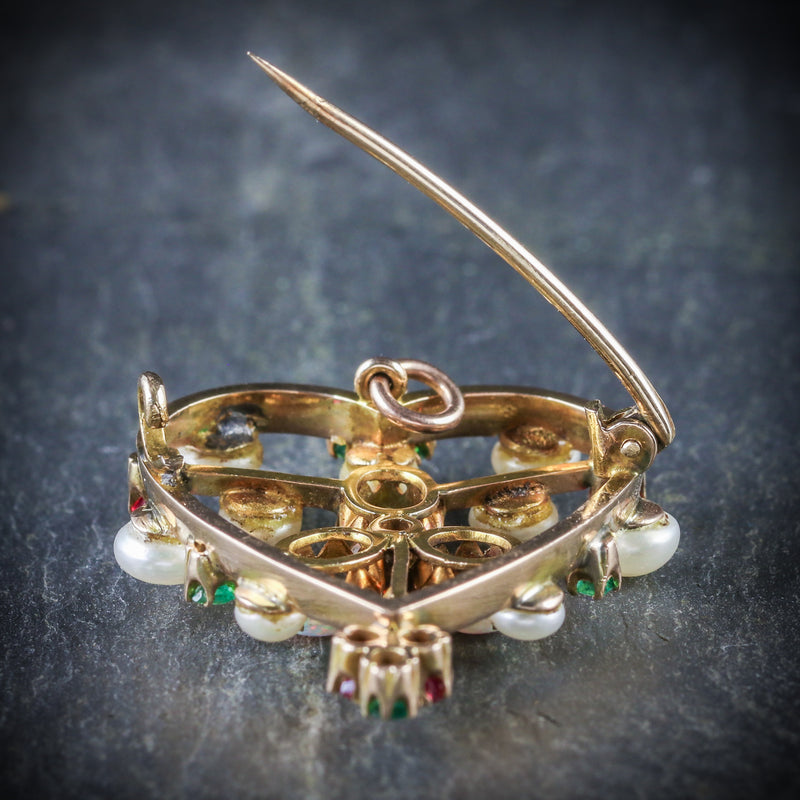  ANTIQUE VICTORIAN BROOCH EMERALD RUBY PEARL OPAL 18CT GOLD CIRCA 1900 PIN UP