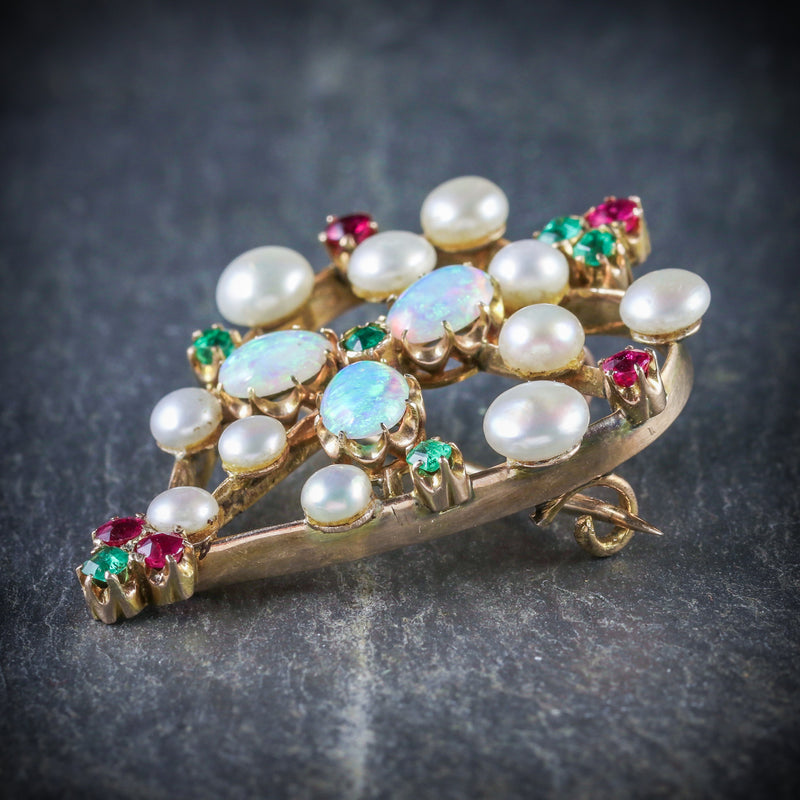  ANTIQUE VICTORIAN BROOCH EMERALD RUBY PEARL OPAL 18CT GOLD CIRCA 1900 SIDE