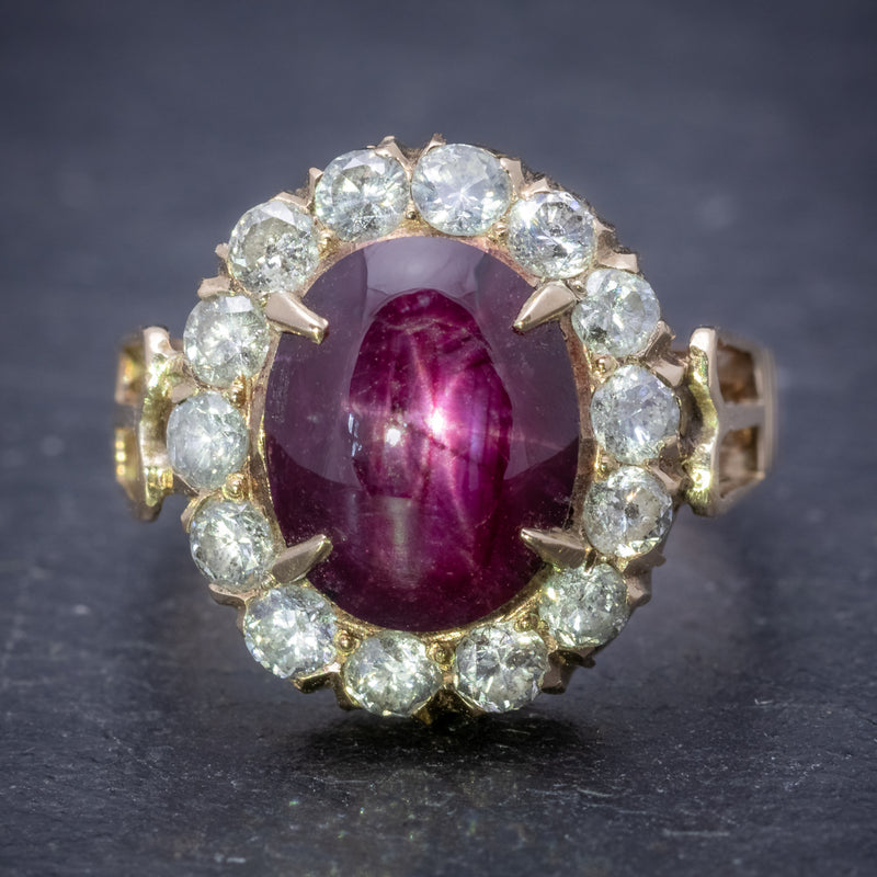 Antique Victorian Cabochon Star Ruby Diamond Ring 3ct Ruby Circa 1880 FRONT