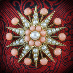 ANTIQUE VICTORIAN CORAL PEARL STAR BROOCH 18CT GOLD CIRCA 1900 cover
