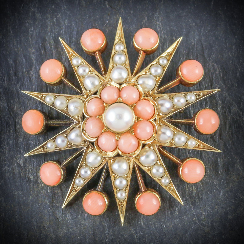 ANTIQUE VICTORIAN CORAL PEARL STAR BROOCH 18CT GOLD CIRCA 1900 FRONT