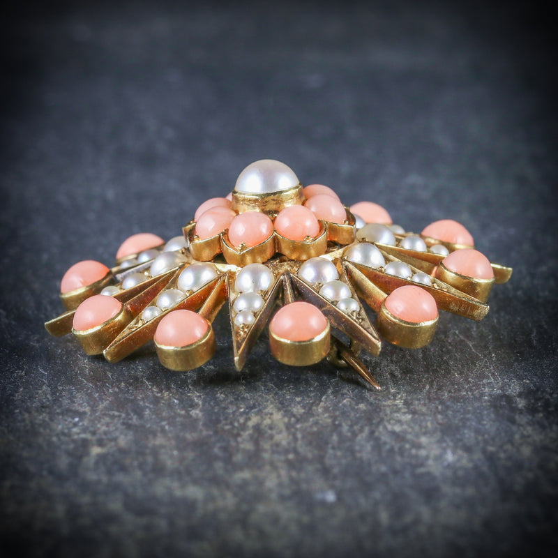 ANTIQUE VICTORIAN CORAL PEARL STAR BROOCH 18CT GOLD CIRCA 1900 SIDE