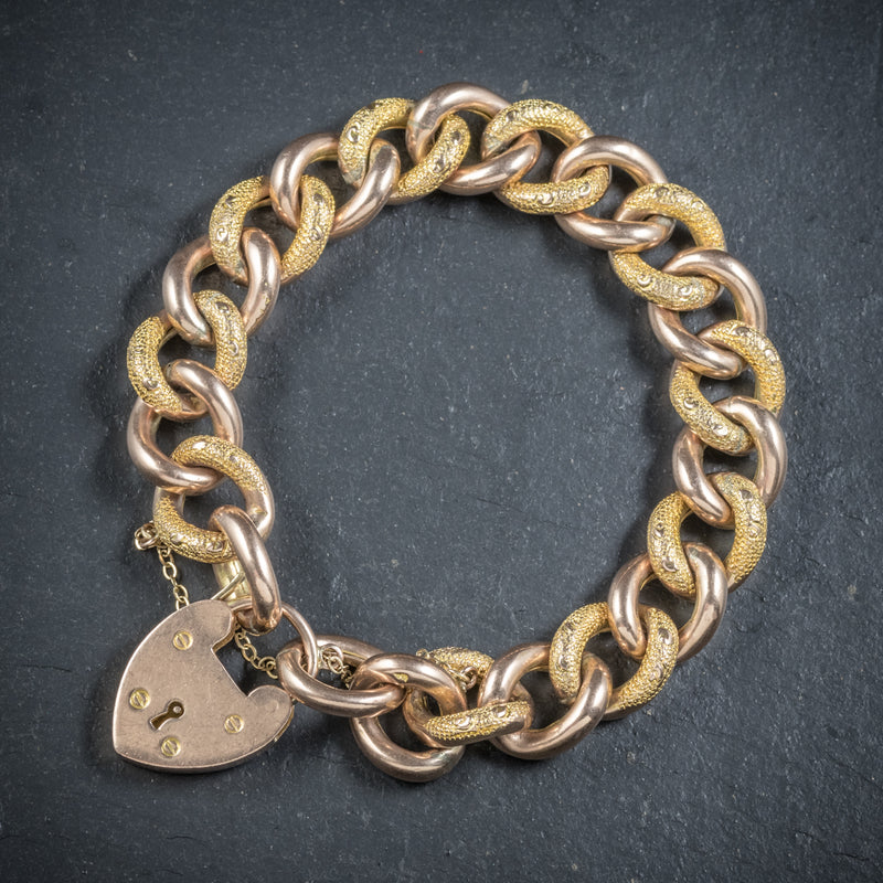 Antique Victorian Curb Bracelet 9ct Gold Heart Padlock Circa 1900 front