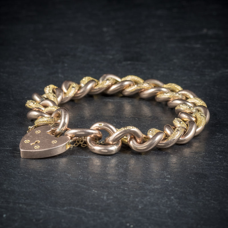 Antique Victorian Curb Bracelet 9ct Gold Heart Padlock Circa 1900 side