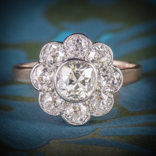 ANTIQUE VICTORIAN DIAMOND CLUSTER RING 2.80CT OLD CUSHION CUT DIAMOND ROSE GOLD COVER