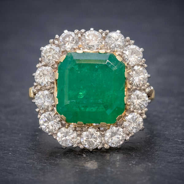 Antique Victorian Emerald Diamond Cluster Ring 18ct Gold 4.50ct Emerald Circa 1900 FRONT