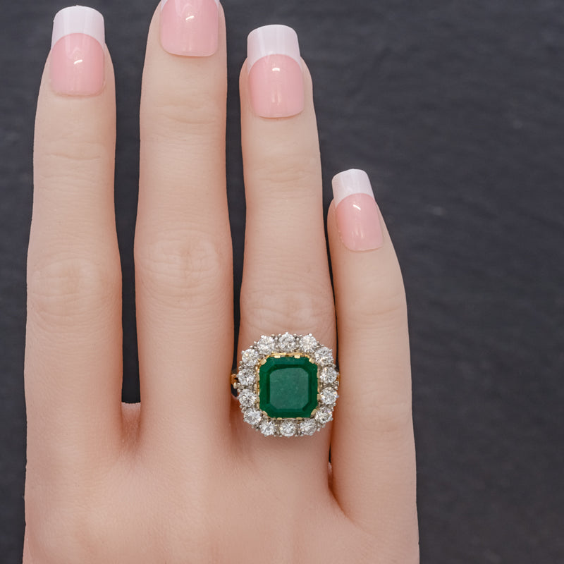 Antique Victorian Emerald Diamond Cluster Ring 18ct Gold 4.50ct Emerald Circa 1900 HAND