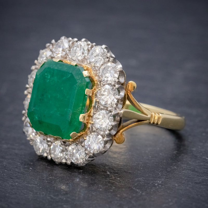 Antique Victorian Emerald Diamond Cluster Ring 18ct Gold 4.50ct Emerald Circa 1900 SIDE