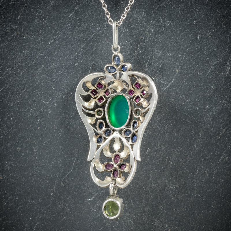 Antique Victorian Emerald Ruby Sapphire Pendant Necklace Circa 1880 BACK
