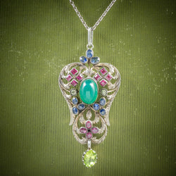 Antique Victorian Emerald Ruby Sapphire Pendant Necklace Circa 1880 COVER