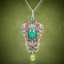 Antique Victorian Emerald Ruby Sapphire Pendant Necklace Circa 1880 COVER