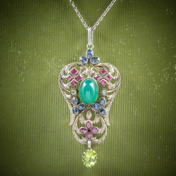 Antique Victorian Emerald Ruby Sapphire Pendant Necklace Circa 1880 COVER