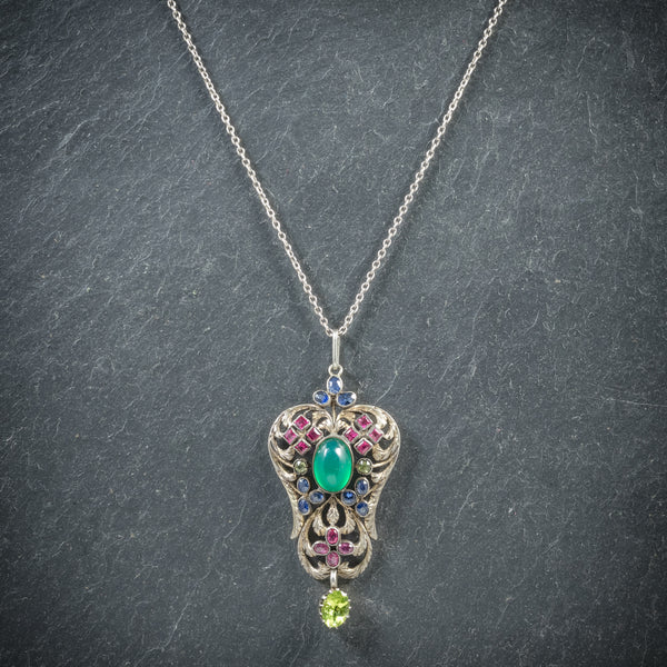 Antique Victorian Emerald Ruby Sapphire Pendant Necklace Circa 1880 FRONT