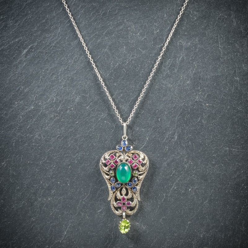 Antique Victorian Emerald Ruby Sapphire Pendant Necklace Circa 1880 FRONT