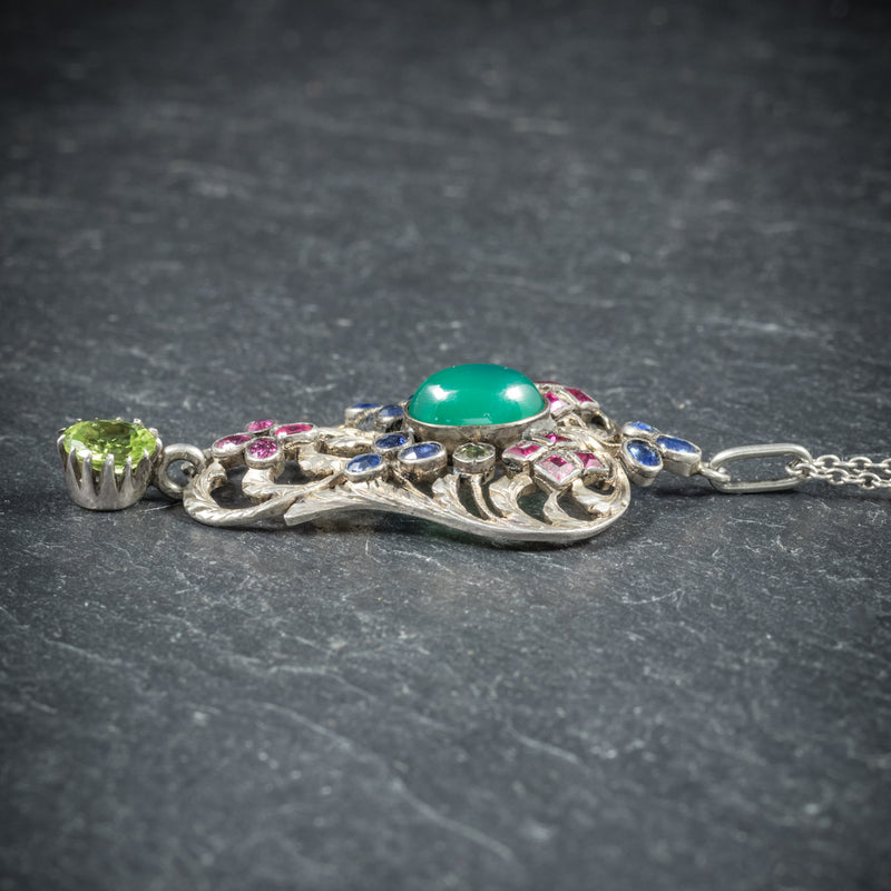 Antique Victorian Emerald Ruby Sapphire Pendant Necklace Circa 1880 SIDE