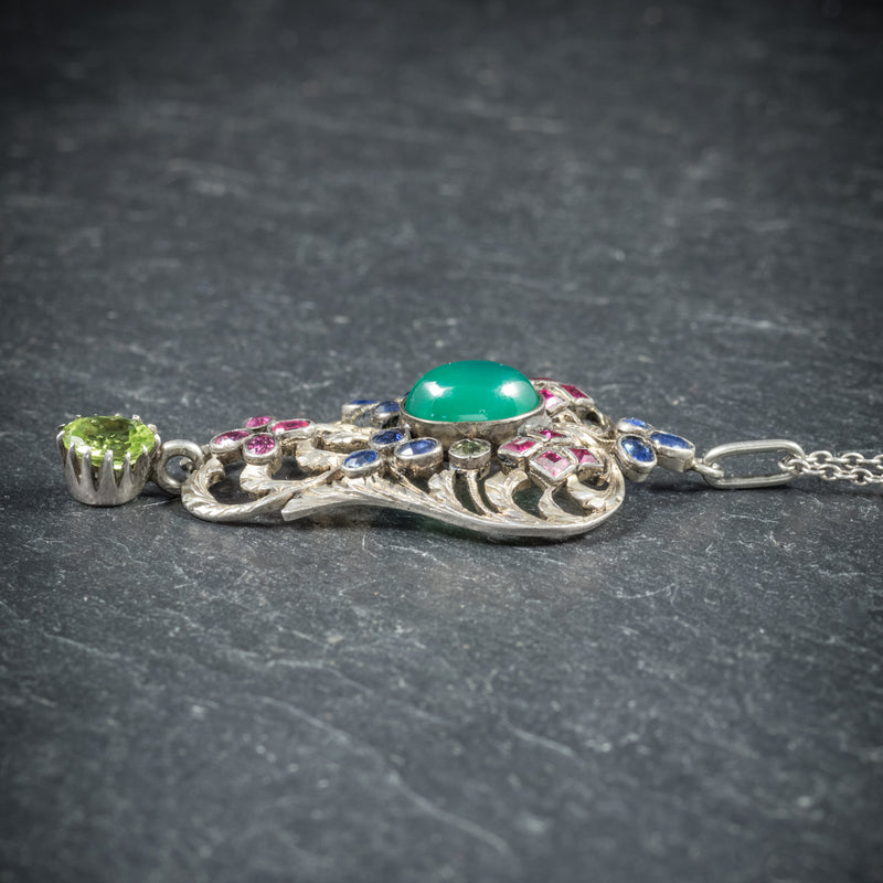 Antique Victorian Emerald Ruby Sapphire Pendant Necklace Circa 1880 SIDE