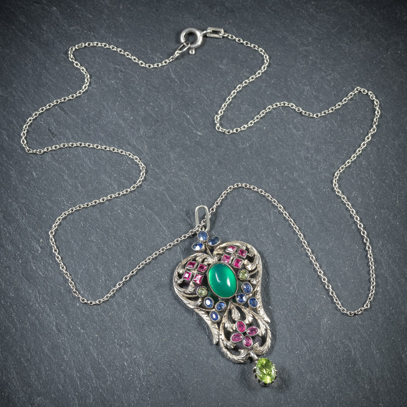 Antique Victorian Emerald Ruby Sapphire Pendant Necklace Circa 1880 TOP