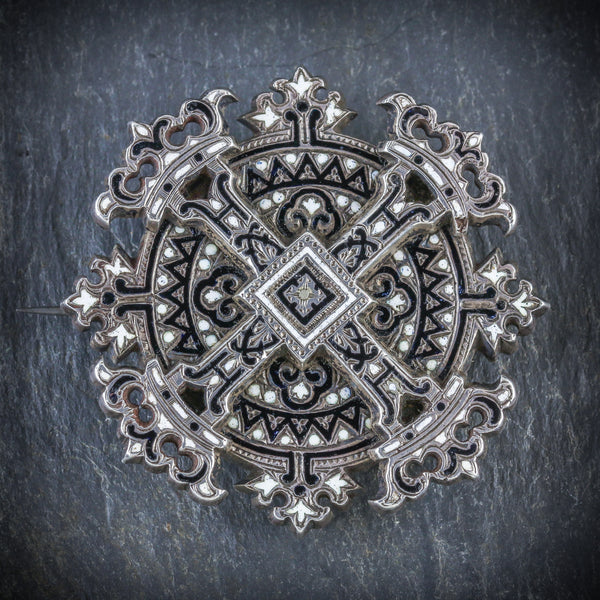 ANTIQUE VICTORIAN ENAMEL CROSS BROOCH SILVER CIRCA 1900 FRONT