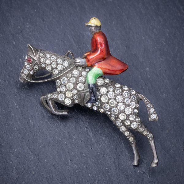 Antique Victorian Equestrian Horse Riding Brooch Silver Paste Circa 1900 FRONT