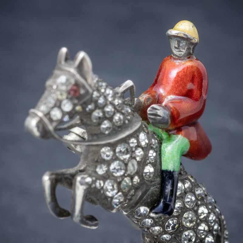 Antique Victorian Equestrian Horse Riding Brooch Silver Paste Circa 1900 RIDER