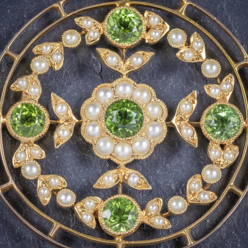 Antique Victorian Floral Peridot Pearl Pendant 18ct Gold Circa 1900 peridot
