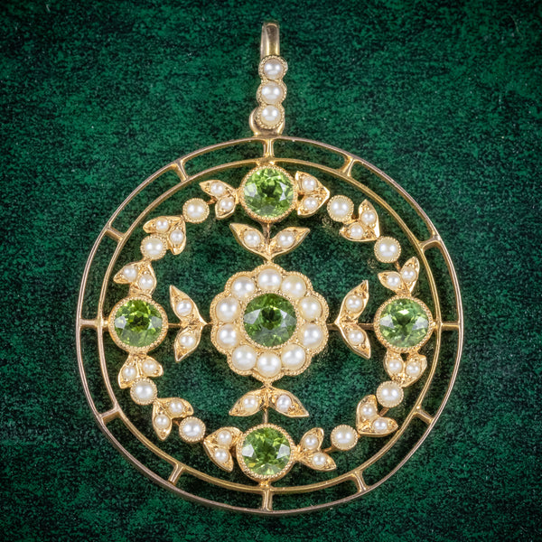 Antique Victorian Floral Peridot Pearl Pendant 18ct Gold Circa 1900 cover