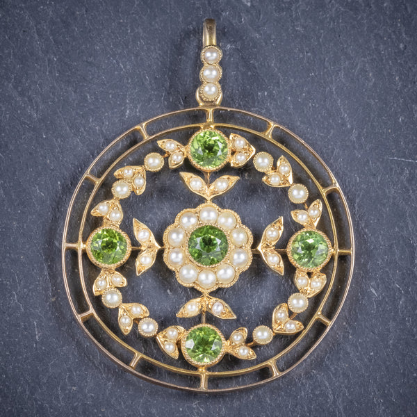 Antique Victorian Floral Peridot Pearl Pendant 18ct Gold Circa 1900 front