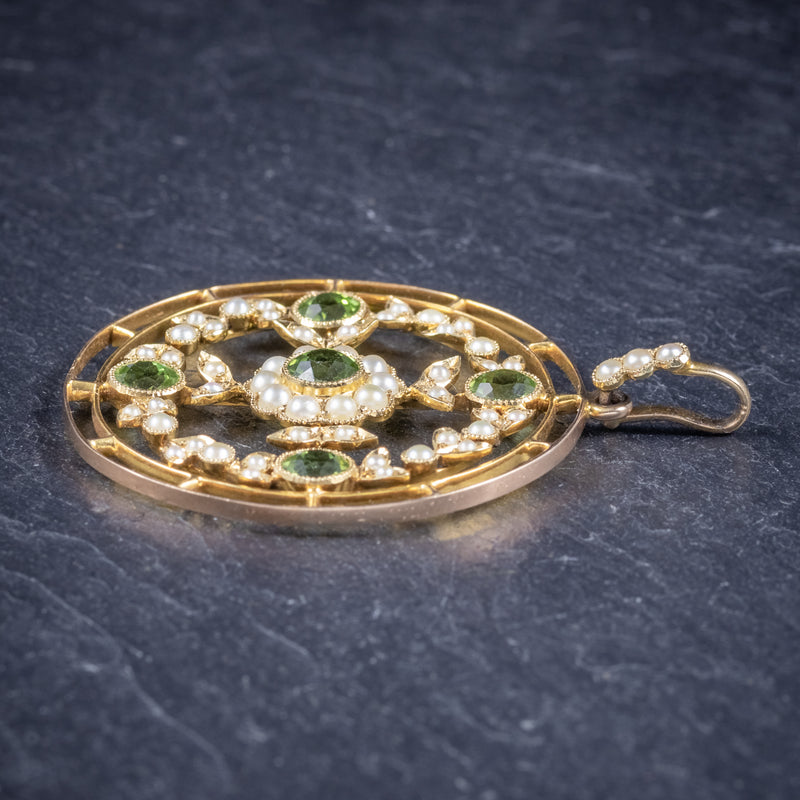 Antique Victorian Floral Peridot Pearl Pendant 18ct Gold Circa 1900 side