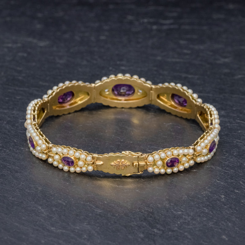 ANTIQUE VICTORIAN FRENCH BRACELET AMETHYST DIAMOND PEARL 18CT GOLD CIRCA 1900 BACK